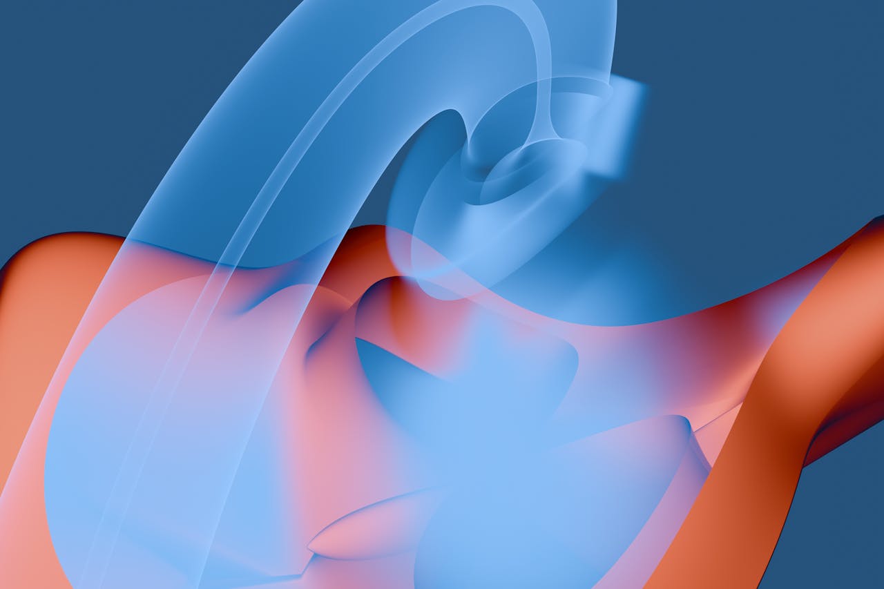 A vibrant abstract digital artwork featuring dynamic blue and orange curves, creating a sense of motion.