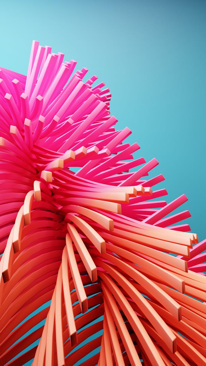 Dynamic abstract 3D art with vibrant pink and orange spiral lines on a bright blue backdrop.