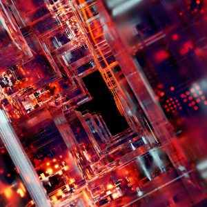 Stunning abstract view of futuristic digital circuitry with glowing effects.